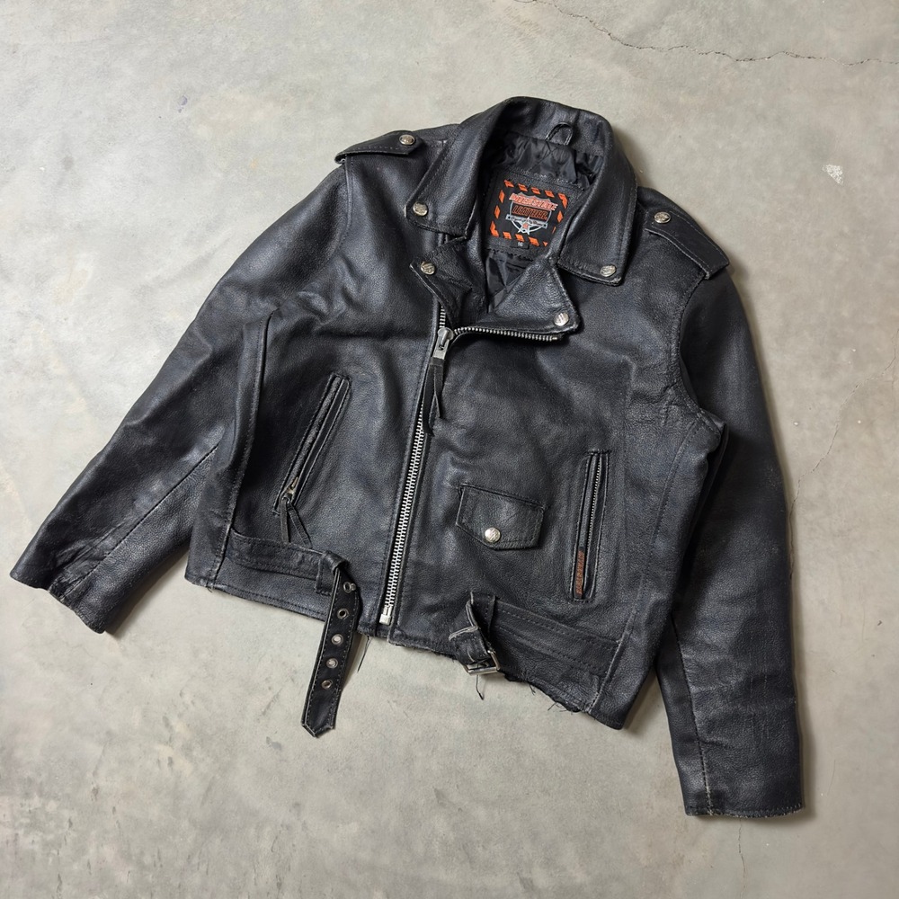 Vintage Interstate Leather Biker Jacket Kids 16 Black Moto Streetwear Grunge